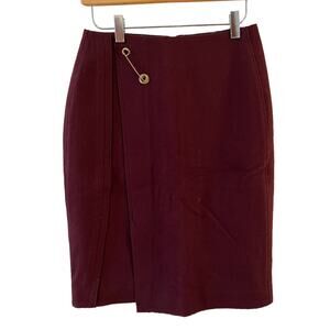 Burgundy wool pencil skirt gold kilt pin detail